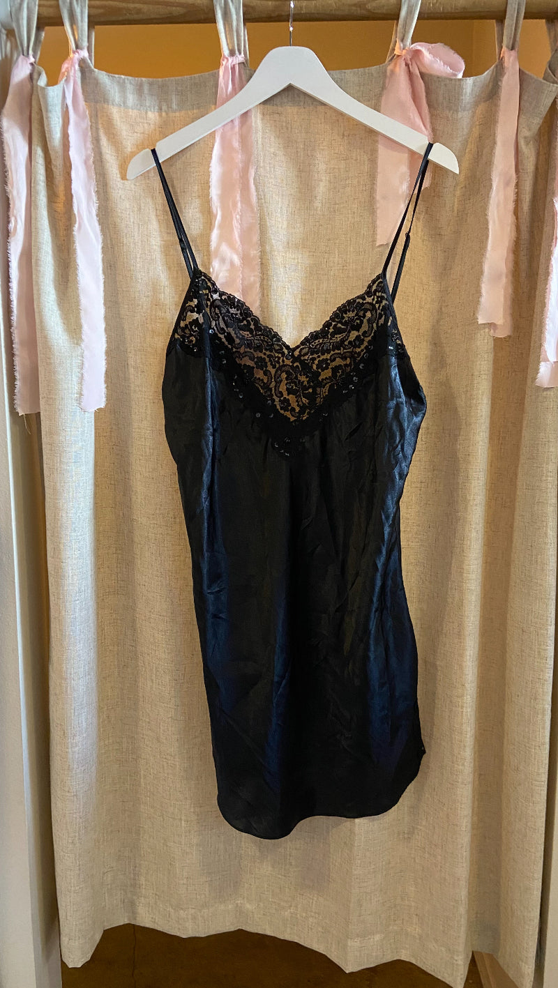 Vintage Black Satin Slip Dress with Sequin detail