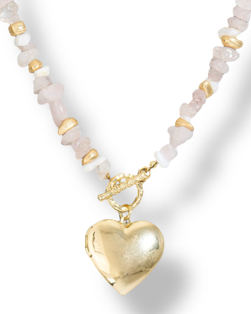 Heart Pendant Stone And Metallic Beaded Necklace Set