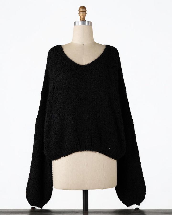 Black Fluffy V Neck Sweater