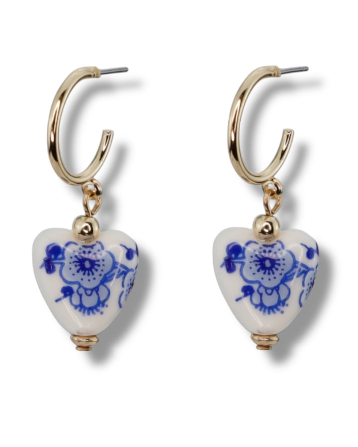 Blue Ceramic Heart Earrings