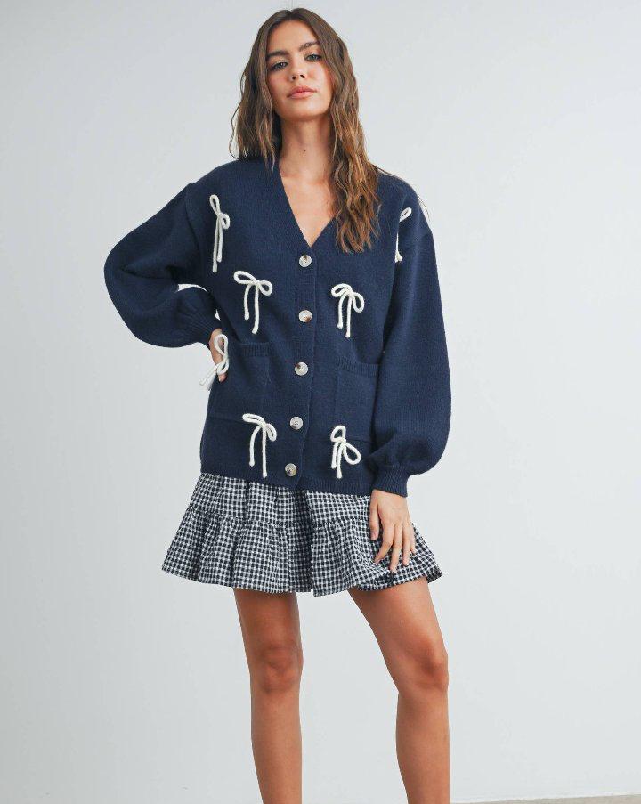 Navy Bow Applique Cardigan