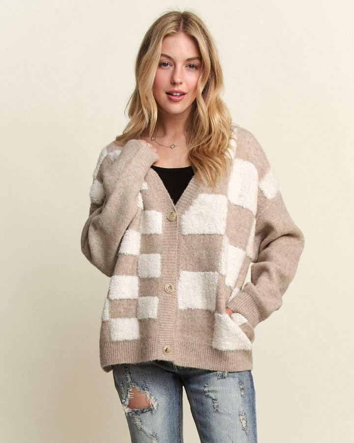 Tan Fuzzy Check Cardigan